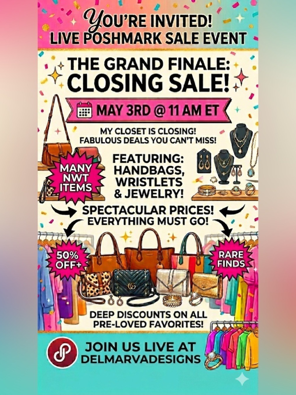 Closet closing live sale! Hundreds of bags, wallets and jewelry. Lowest prices!